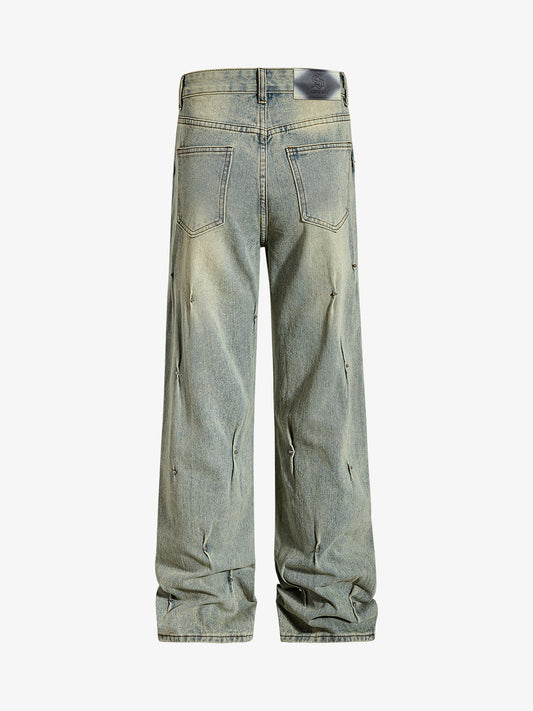 Denim Wide Leg Pants with Distressed Wash and Metal Studs 