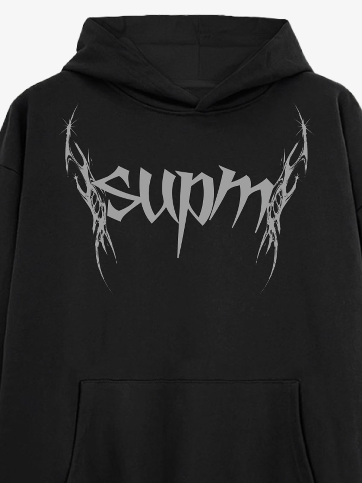 THE SUPERMADE Futuristic spiked pattern gothic style logo font design  Graphic Print Hoodie with Front Pocket 