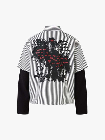 Thesupermade Street Dark Faux Two-piece Striped Long-sleeved Shirt 