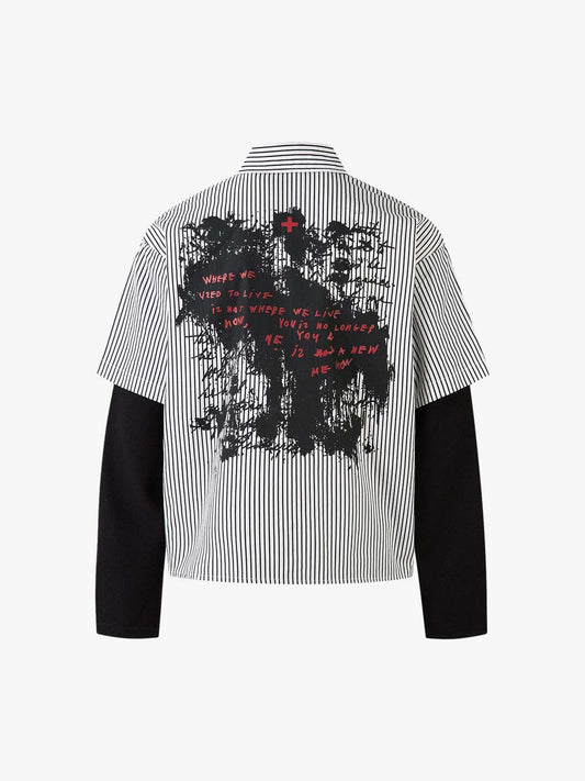 Thesupermade Street Dark Faux Two-piece Striped Long-sleeved Shirt 