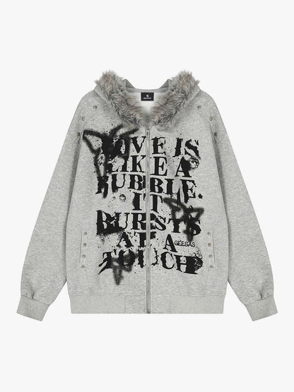Stylish Graphic Hooded Jacket with Faux Fur Trim - Perfect for Casual and Trendy Looks 
