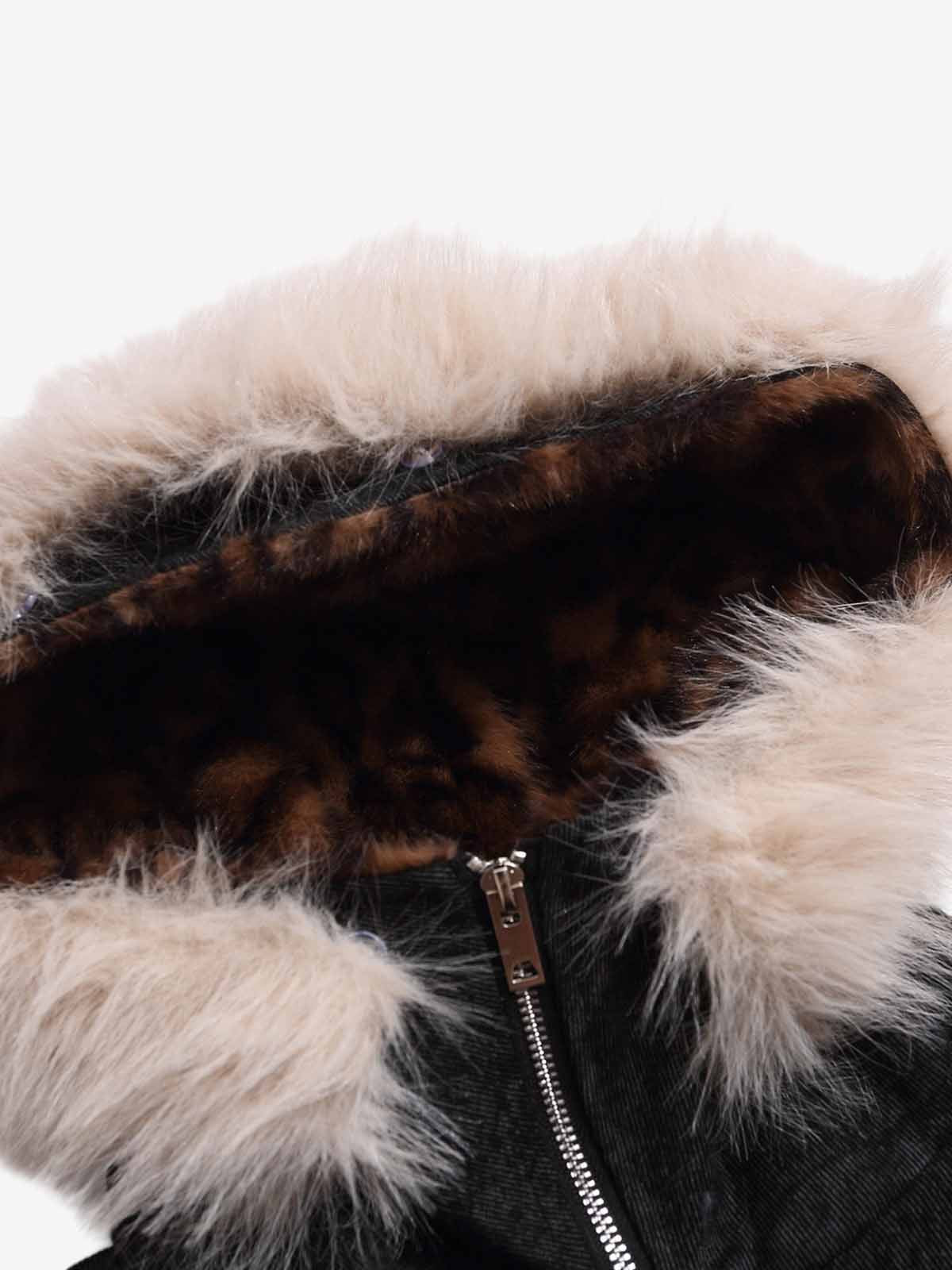 Leopard Panel Fur-Trim Hooded Bomber Jacket 