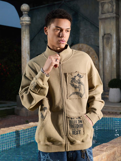 Cotton Blend Patchwork Bomber Jacket with Graphic Embroidery and Zipper Closure 