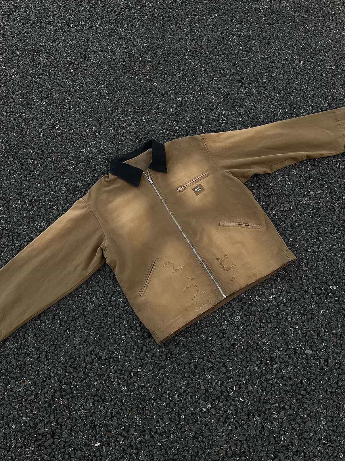 Washed Ripped Gradient Zip Up Work Jacket 