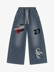 Denim Patchwork Pullover Sweatshirt & Graphic Wide-Leg Jeans Set