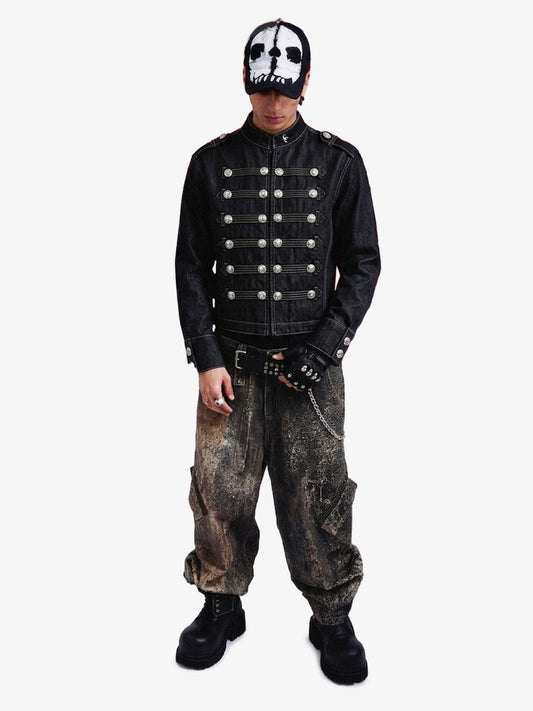 Veste en jean militaire vintage à boutons argentés