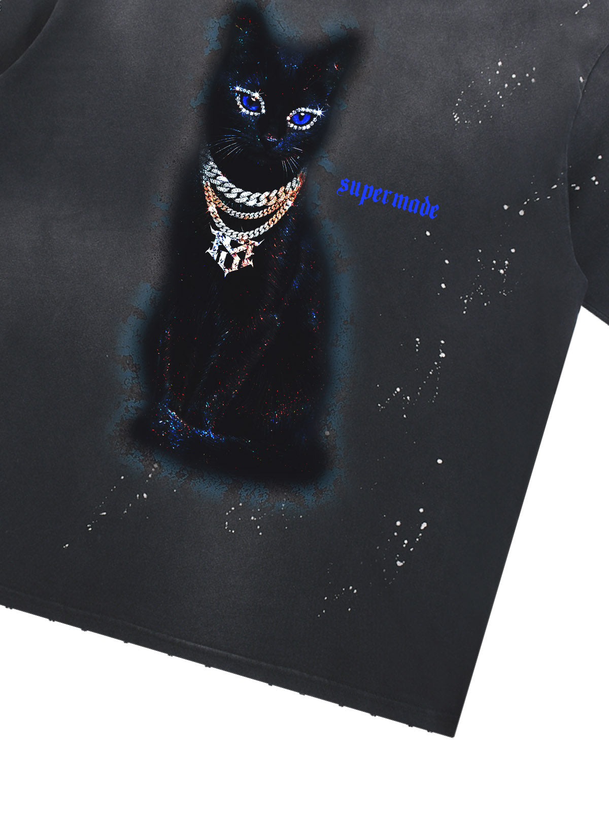 Cotton Black Cat Graphic T-Shirt with Chain Print and Splatter Design 