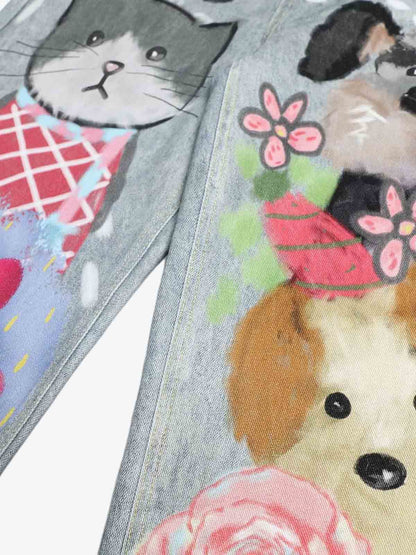 Denim Painted Animal Print Wide Leg Jeans with Cartoon Cat Dog Design 