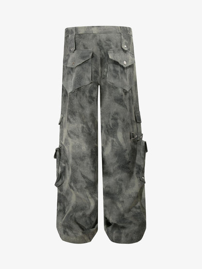 Smoky Dyed Multi-Pocket Tactical Strap Cargo Jeans