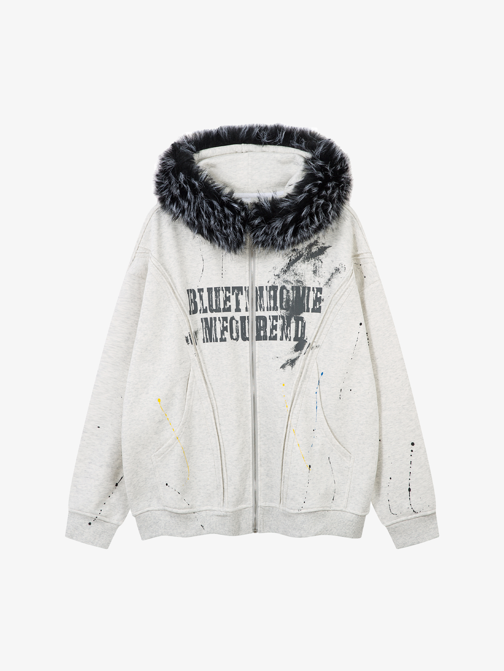 Fur-Trim Paint-Splatter Zip Hoodie