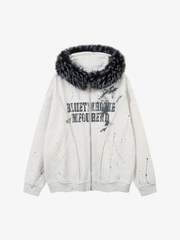 Fur-Trim Paint-Splatter Zip Hoodie