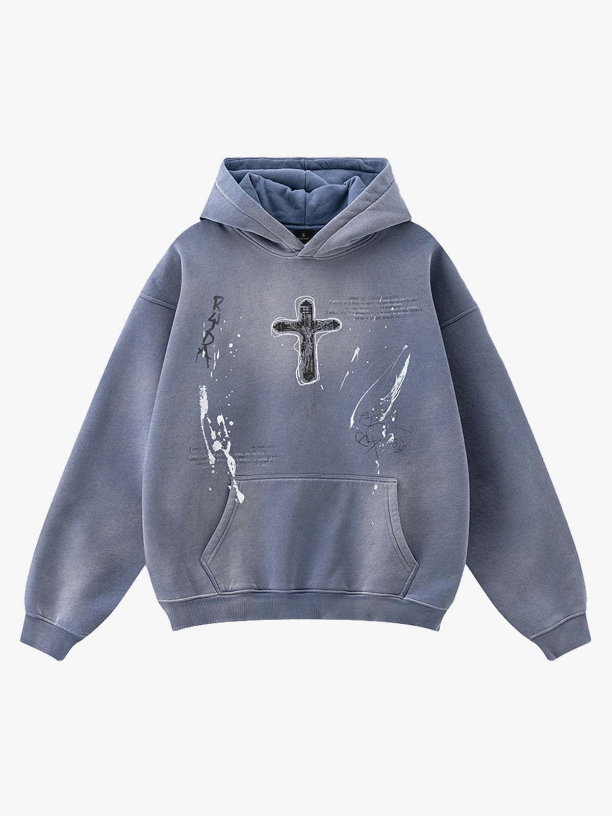 Vintage Dirty Wash Cross Graphic Hoodie 