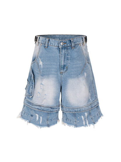 Ripped Washed Tassel Cargo Denim Shorts 