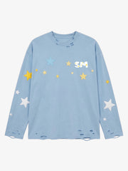 Star Foam Graphic Ripped Color Block Long Sleeve Tee