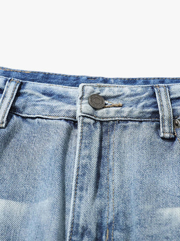 Hip-Hop Cut Distressed Washed Jeans 