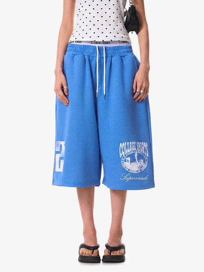 Distressed Letter Graphic Cropped Wide-Leg Shorts