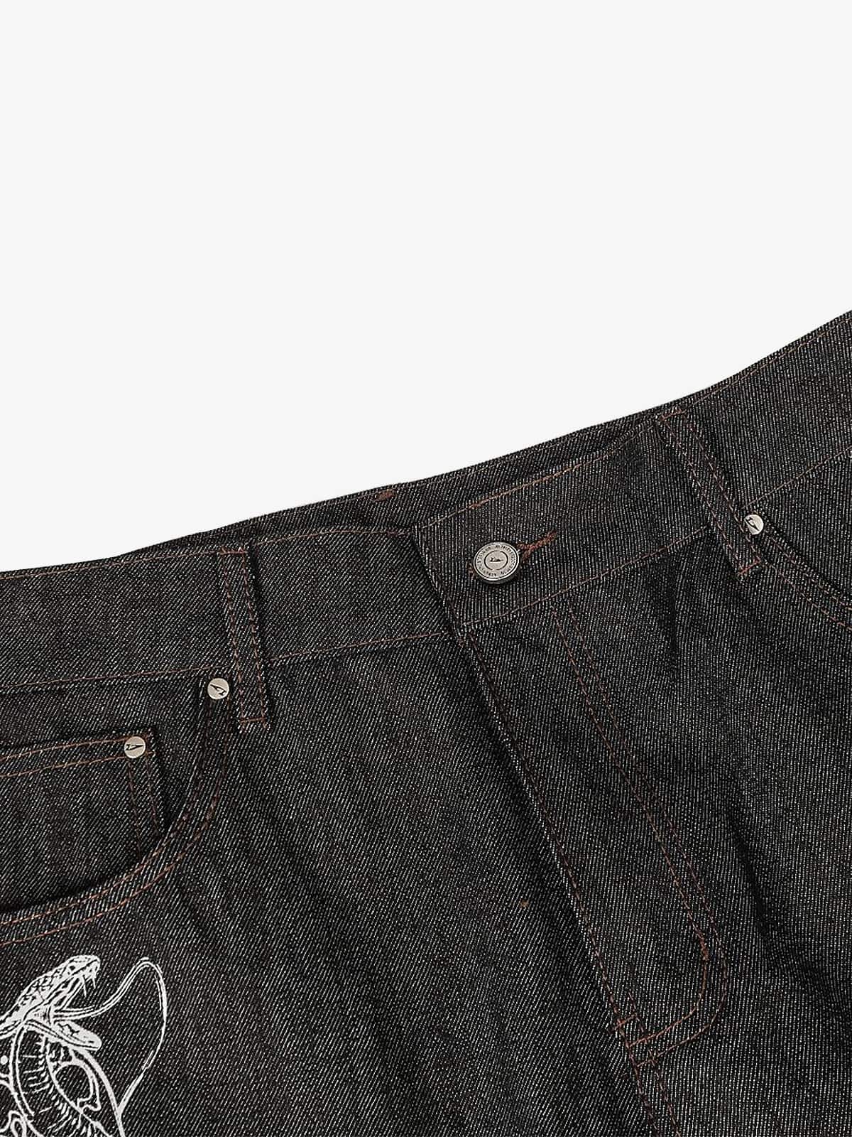 Wide-Leg Denim Trousers with Snake Embroidery - Stylish and Comfortable for All Seasons 