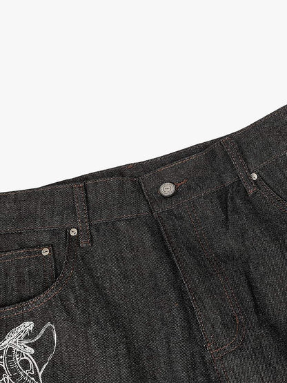 Wide-Leg Denim Trousers with Snake Embroidery - Stylish and Comfortable for All Seasons 