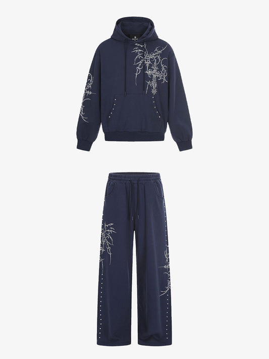 Embroidered Graphic Studded Hoodie and  Wide Leg Sweatpants Set