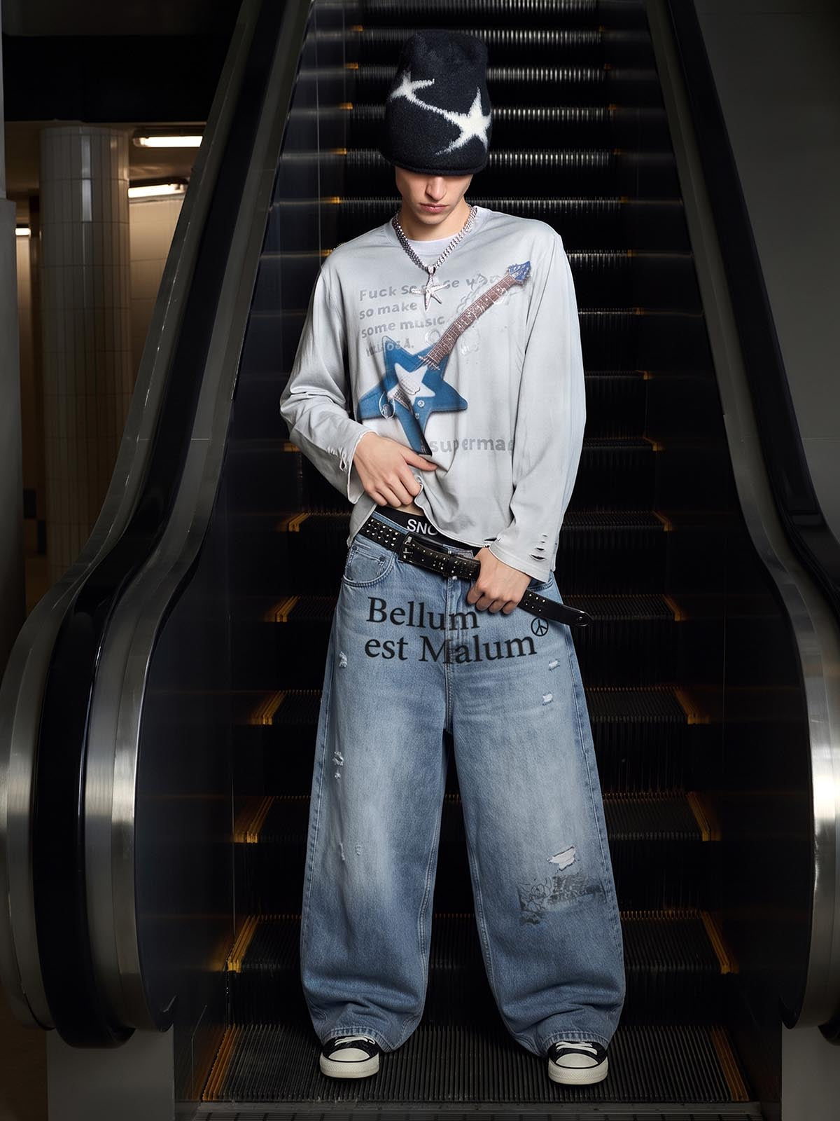 Anti-War Graphic Washed Distressed Blue Jeans