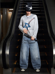 Anti-War Graphic Washed Distressed Blue Jeans