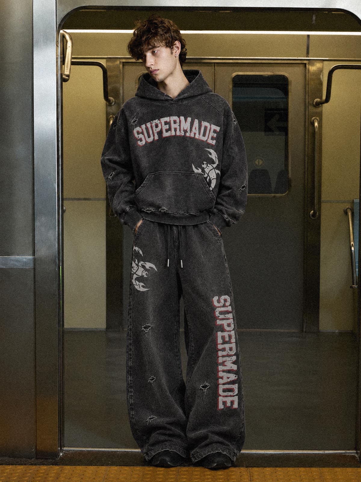 Washed Graphic Distressed Pullover Hoodie & Wide-Leg Sweatpants Set