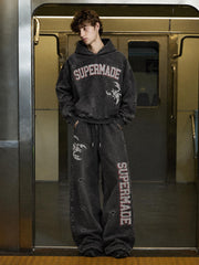 Washed Graphic Distressed Pullover Hoodie & Wide-Leg Sweatpants Set
