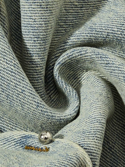 Denim Wide Leg Pants with Distressed Wash and Metal Studs 