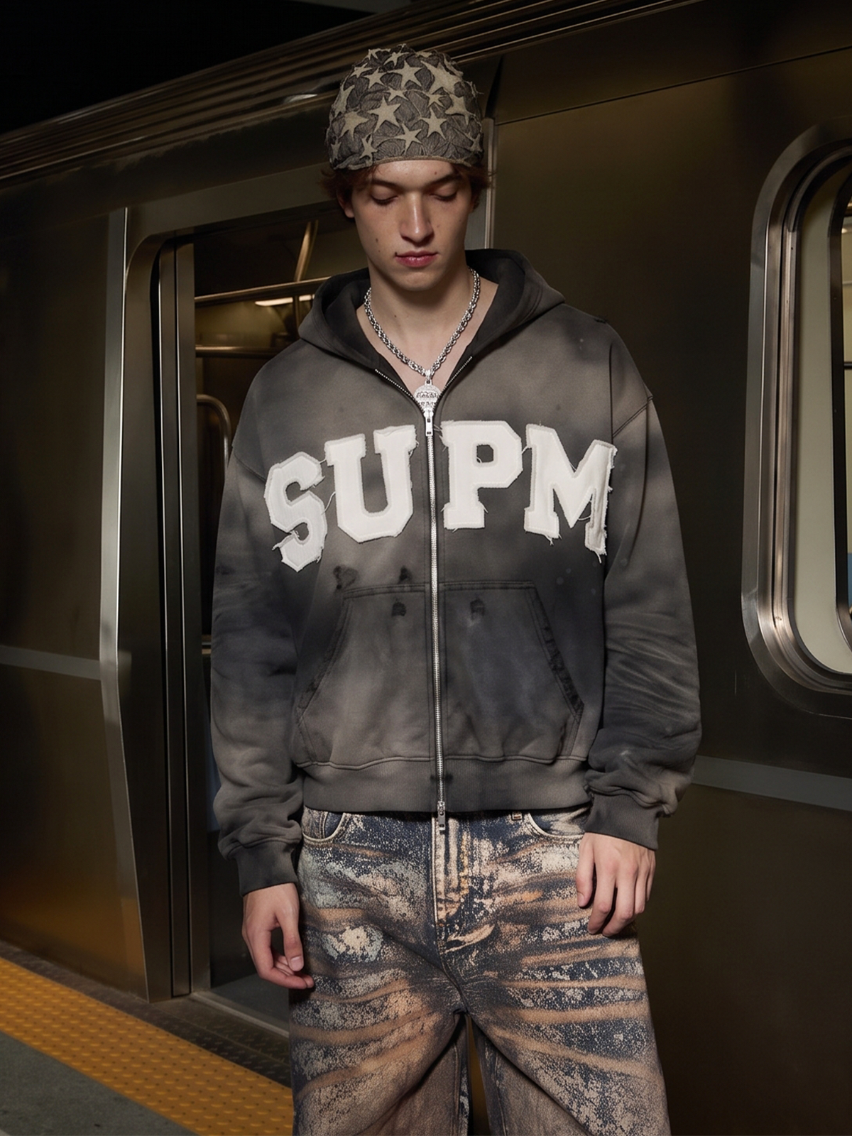 Embroidered Ripped Washed Distressed Zip Hoodie