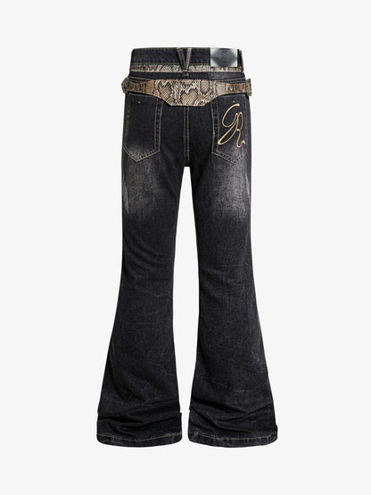 Snake Waist Flared Denim Jeans – Dark Wash Gold Embroidery Fit