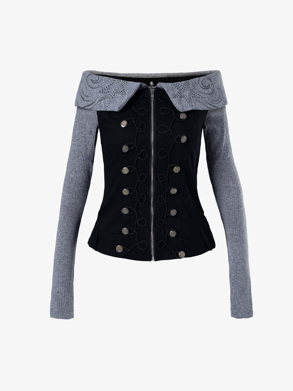 Top de manga larga ajustado con hombros descubiertos y botones estilo Napoleon de Thesupermade