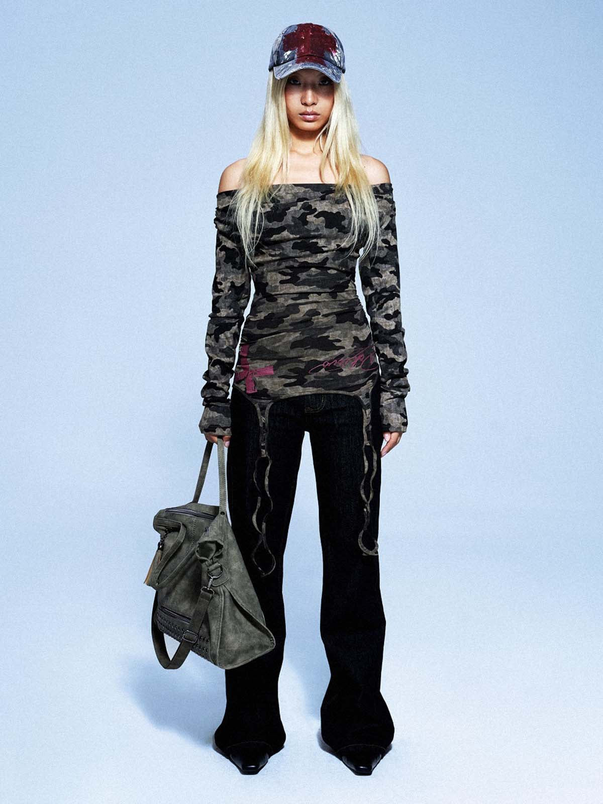 Off-Shoulder Camo Print Long Sleeve Tee