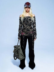 Off-Shoulder Camo Print Long Sleeve Tee