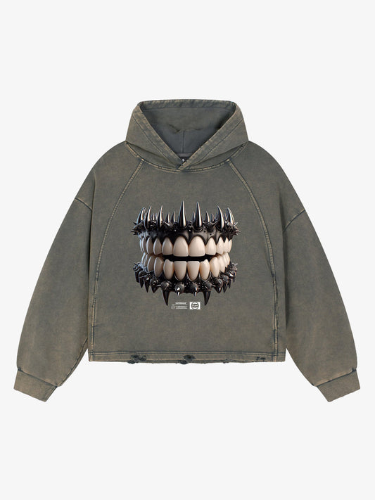 Thesupermade American Retro Dark Teeth Print Distressed Cropped Hoodie 
