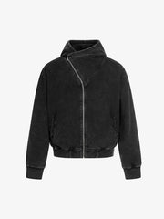 Distressed Washed Asymmetrical Placket Zip-Up Hoodie