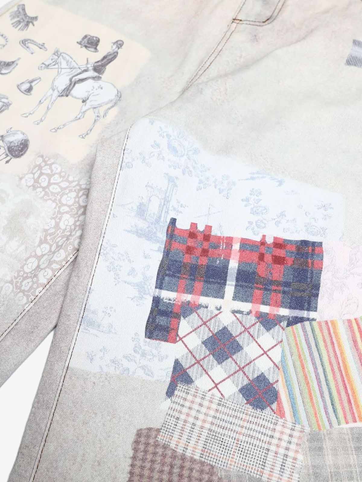 Cotton Patchwork Wide Leg Pants with Equestrian Print and Plaid Details 