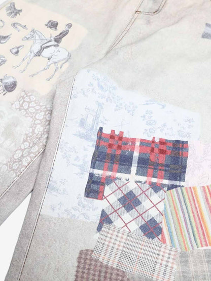 Cotton Patchwork Wide Leg Pants with Equestrian Print and Plaid Details 