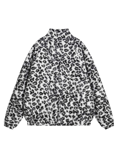 Stand Collar Cheetah Print Fleece Jacket 
