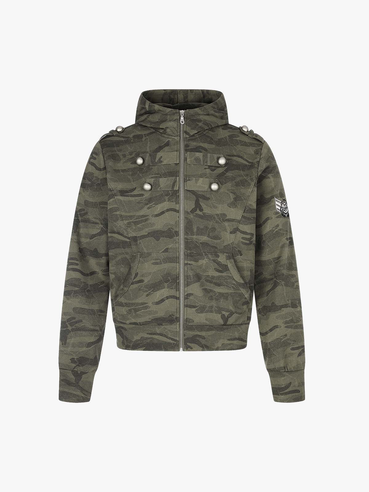 Studded Camo Hooded Sweatshirt Jacket