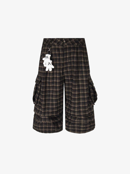 Plaid Cotton Cargo Shorts for Men - Oversized Fit with Multiple Pockets and Elastic Waistband 
