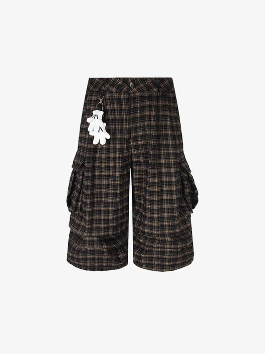 Plaid Cotton Cargo Shorts for Men - Oversized Fit with Multiple Pockets and Elastic Waistband 