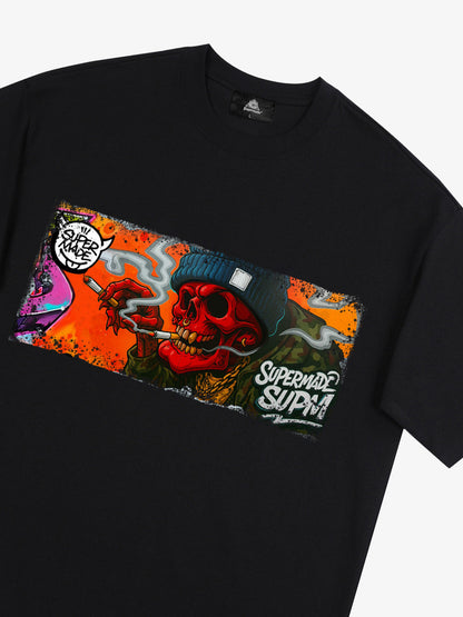 Thesupermade Distressed Blood Red Skull Graffiti T-shirt 