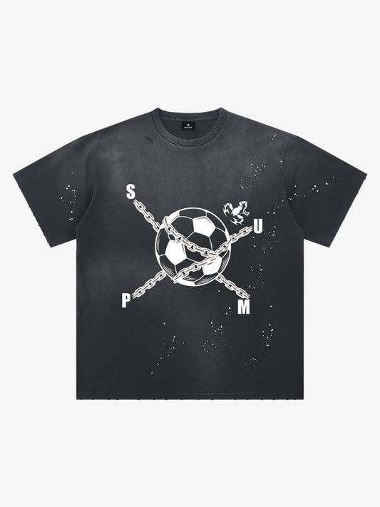 Cotton Black Graphic T-Shirt with Football and Chain Design for Streetwear Fashion 