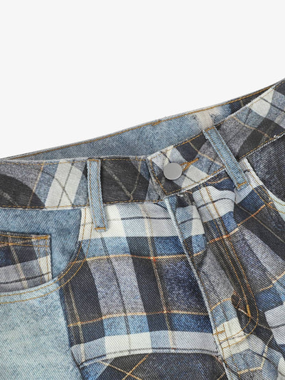 Street Plaid 3D Print Straight Leg Jeans 