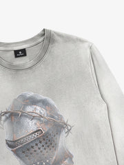 Medieval Helmet Graphic Distressed Long Sleeve Tee