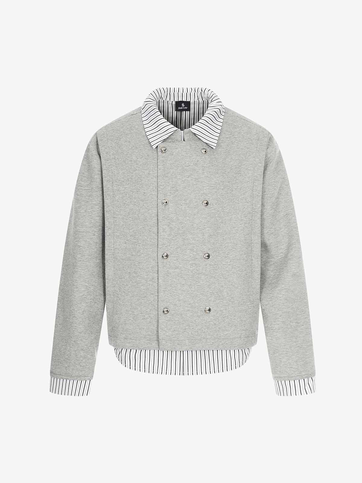Button Detail Striped Panel Faux Layered Jacket