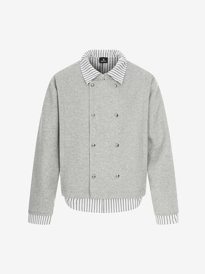 Button Detail Striped Panel Faux Layered Jacket