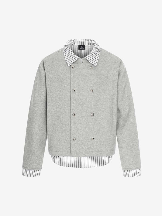 Button Detail Striped Panel Faux Layered Jacket