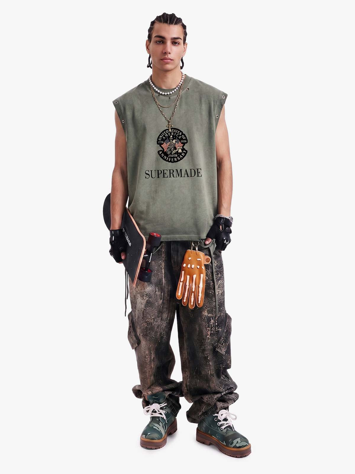 Grommet Side Washed Sleeveless T-Shirt 