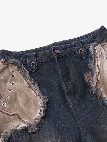 Retro Distressed Studded Heavy-Duty Functional Jeans 